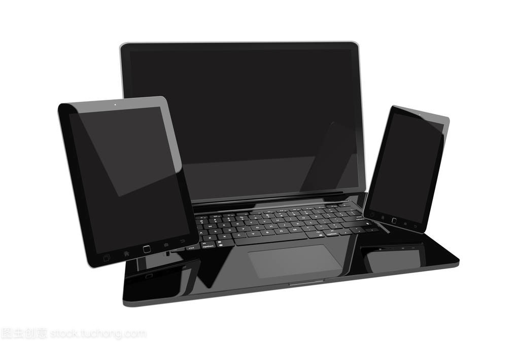 笔记本电脑、移动手机与平板电脑的三维互连 数字化协作的视觉呈现